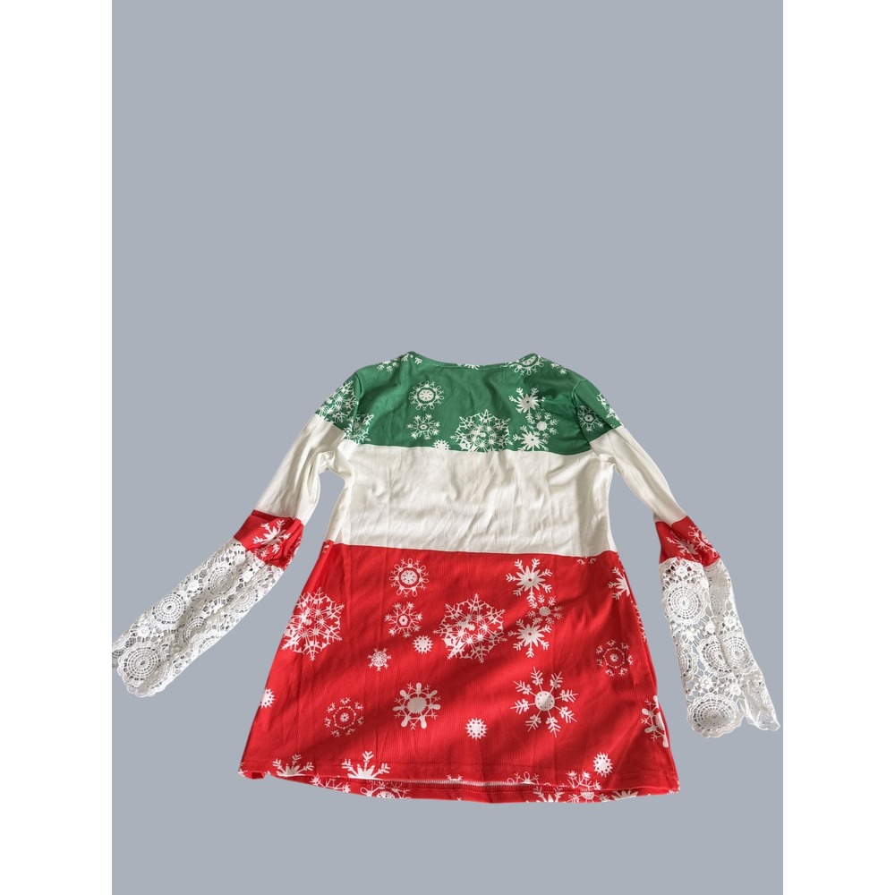 Womens Tunic Top M Green Red White Snowflake Print Christmas Lace Bell Sleeves - Picture 1 of 4